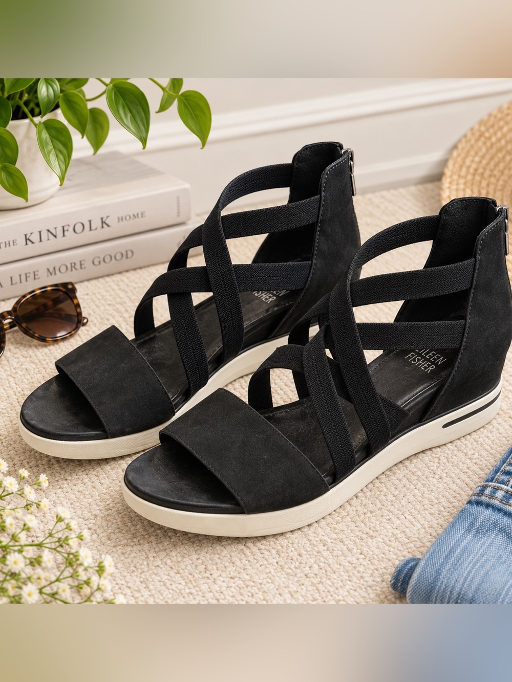 Eileen Fisher Black Strappy Wedge Sandals Skill Tumbled Nubuck Sneaker Sandal